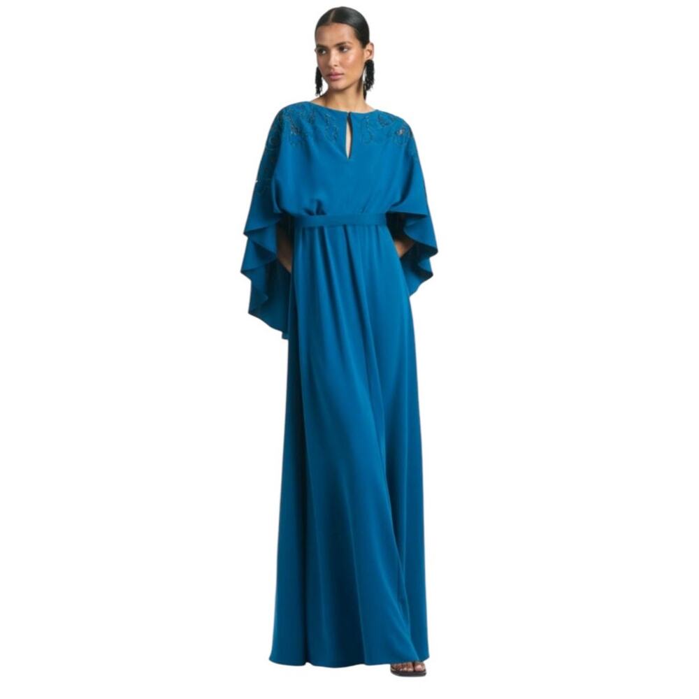 Sachin & Babi Size 12 NEW Moroccan Blue Crepe Embroidered Wren Cape Maxi Gown